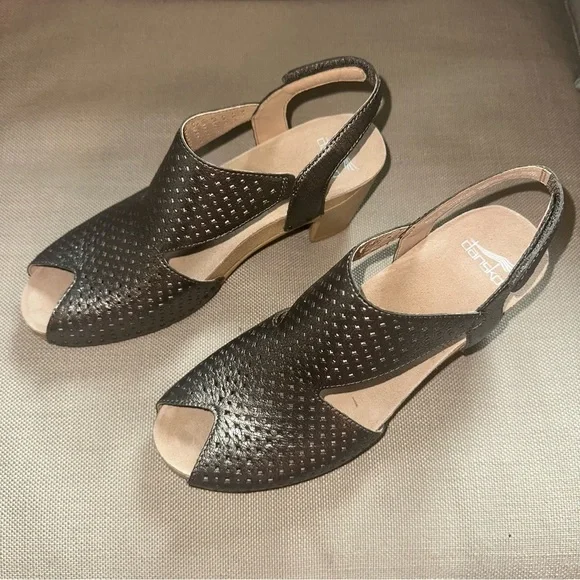 Dansko Teagan Leather Heeled Peep Toe Sandals EU 41 US 10.5-11 Gunmetal NEW